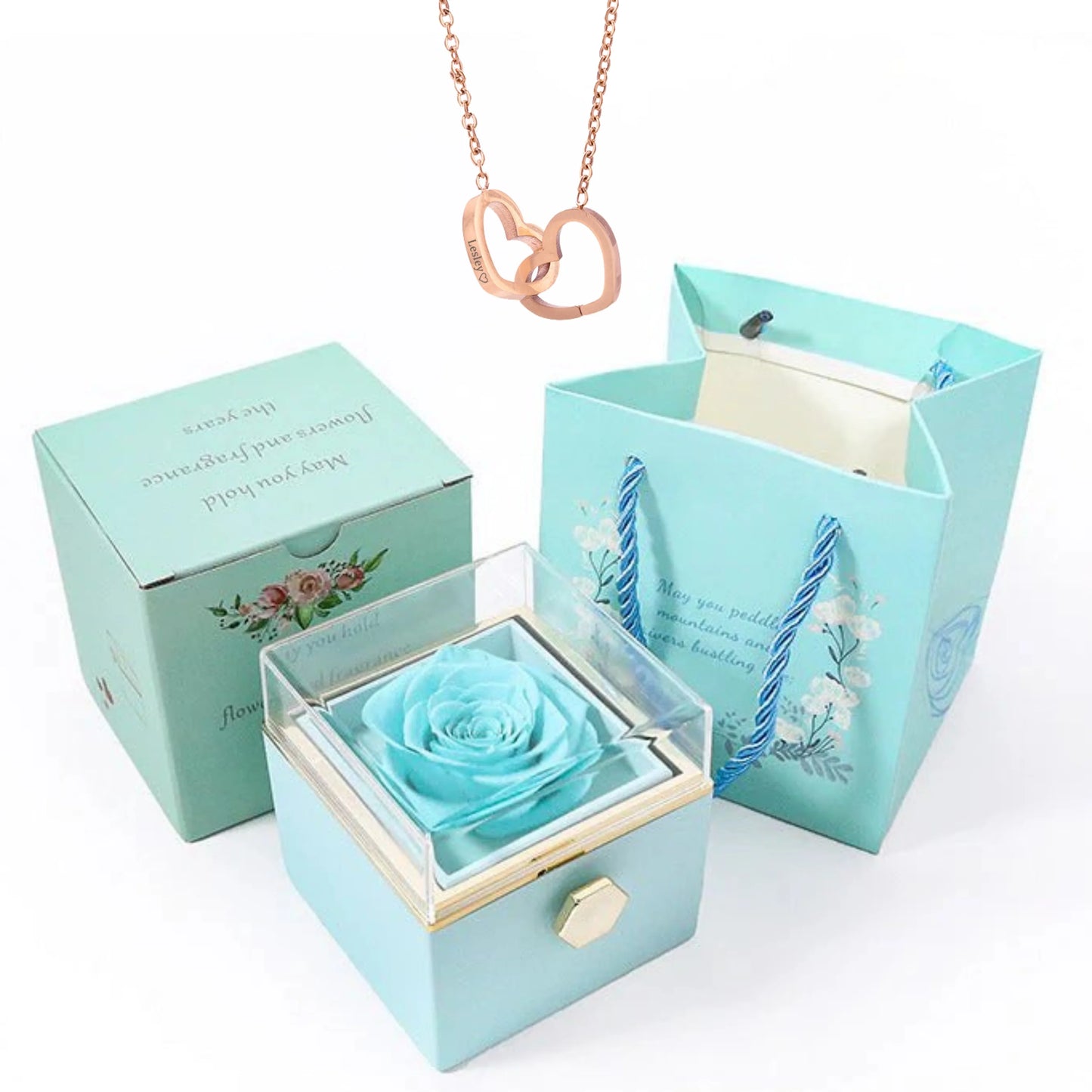 Eternally Preserved Rotating Rose Box With Engraved Heart Necklace